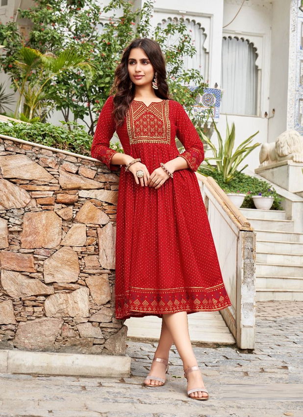 Heritage Saanjh 2 Rayon Printed Ethnic Wear Anarkali Long Kurti Collection